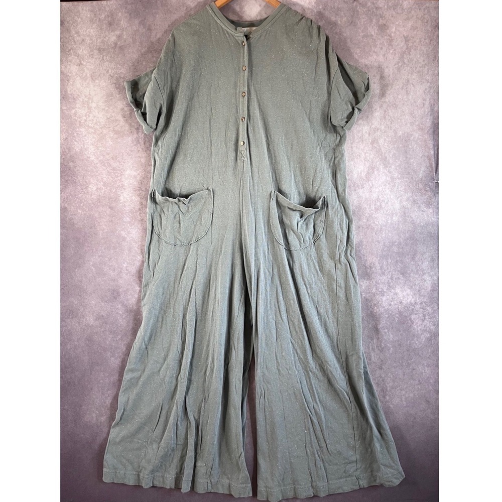 FP Beach Free People Jumpsuit Womens Small Green Wide Leg Button Front Speckled